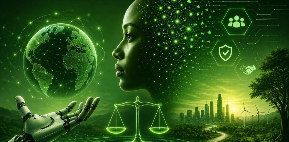 Artwork for the webinar: a networked globe, a robotic hand and a pair of scales, in green